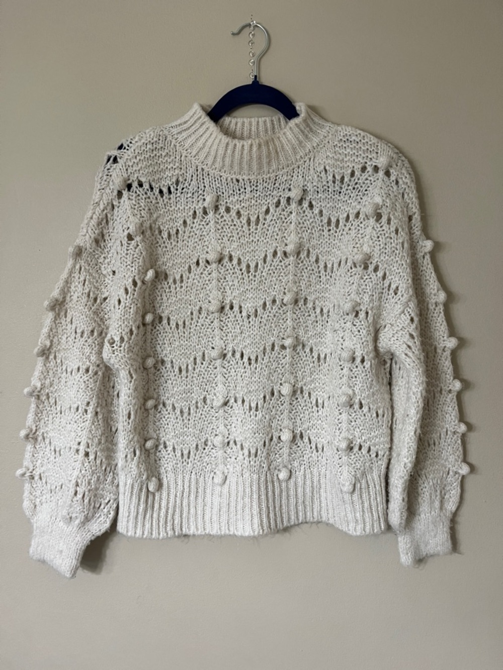 Mango Cream Pom-Pom Turtleneck Sweater